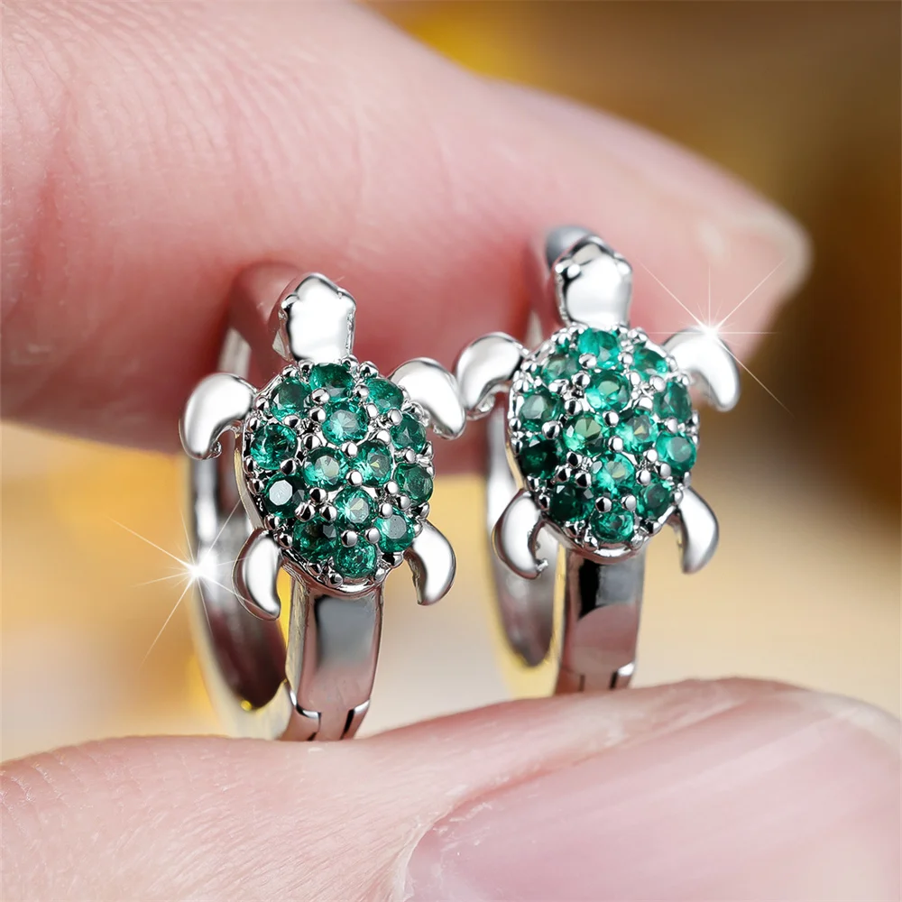 Multicolor Zircon Sea Turtle Hoop Earrings For Women Vintage Gold Silver Color Ear Buckle Wedding Jewelry Valentine's Day Gifts
