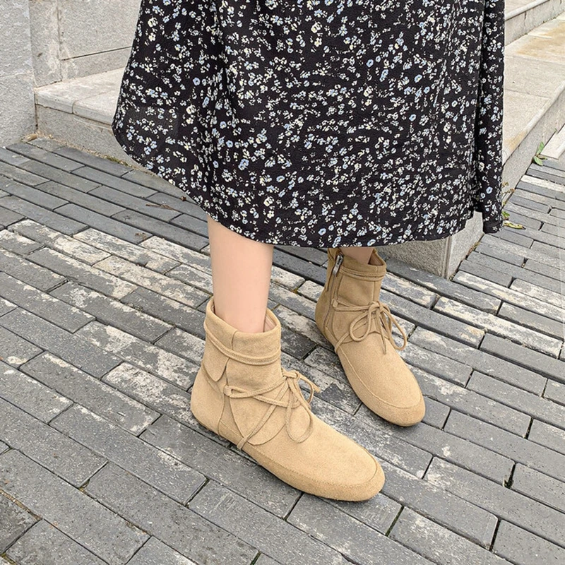 

2023 Autumn Women Boots Cow Suede Leather Women Shoes Round Toe Low Heel Elegant Flat with Short Boots Western Cowboy Boots