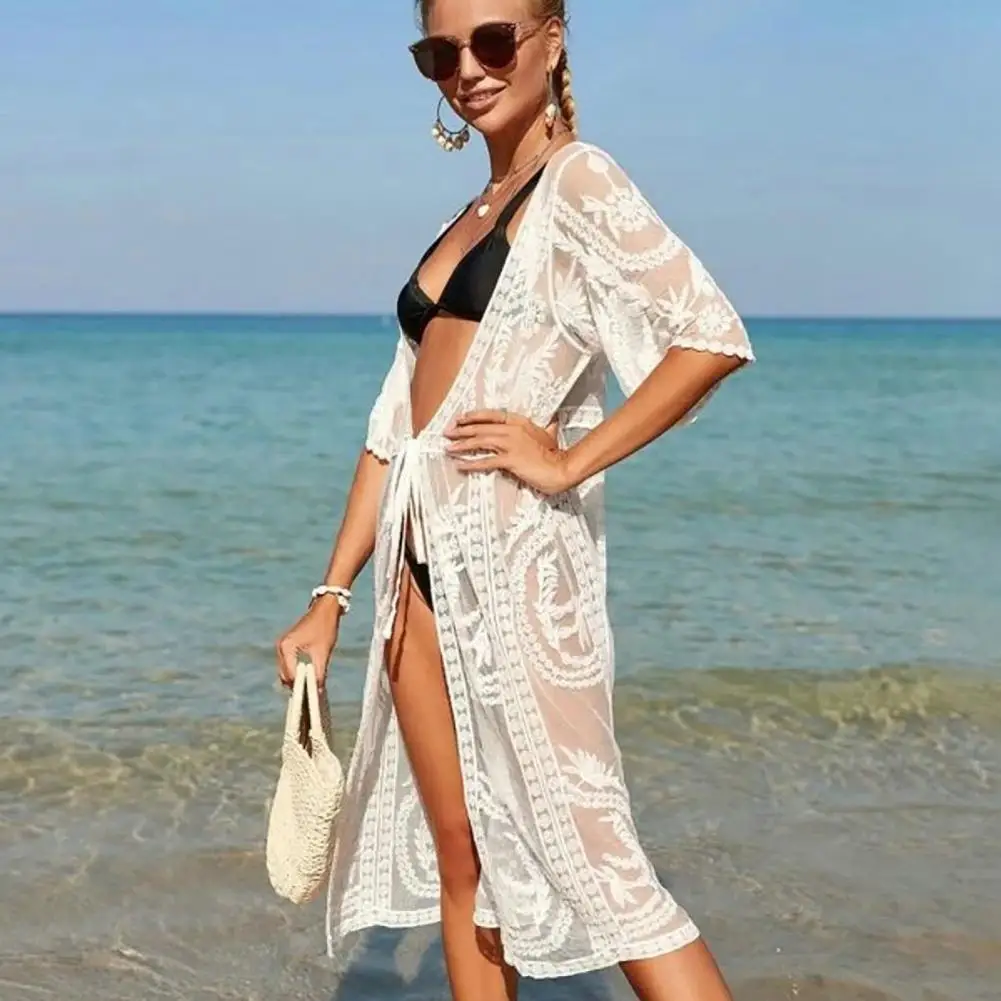 

Half Sleeve Mid-calf Length Front Lace-up Cover Up Cardigan Embroidery Crochet Flower Pattern Lace Bikini Cover Up Beachwear