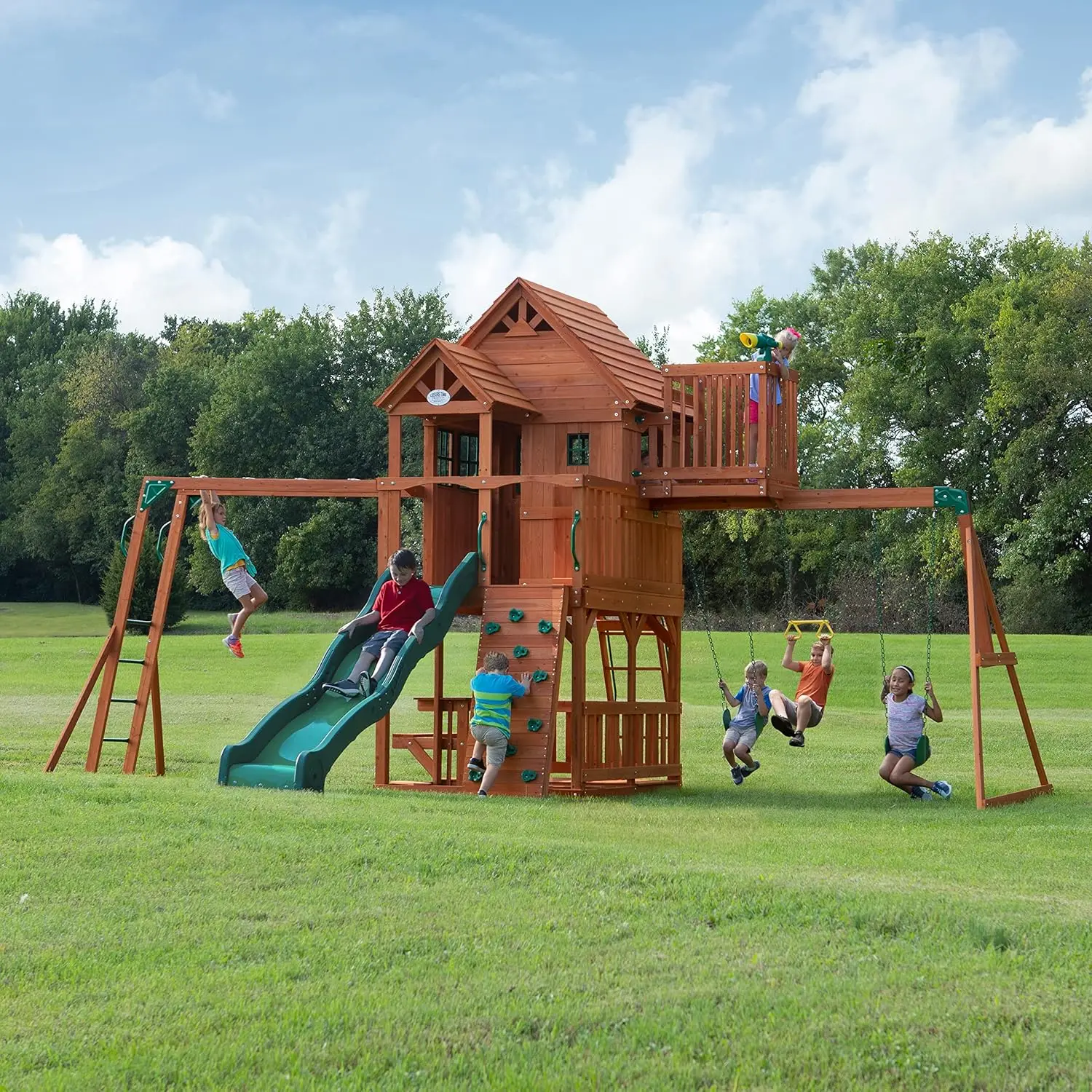 Skyfort II Cedar Wood Swing Set with Wave Slide, Raised Clubhouse, Crow's Nest, Monkey Bars, Balcony, Belt Swings, Trapeze
