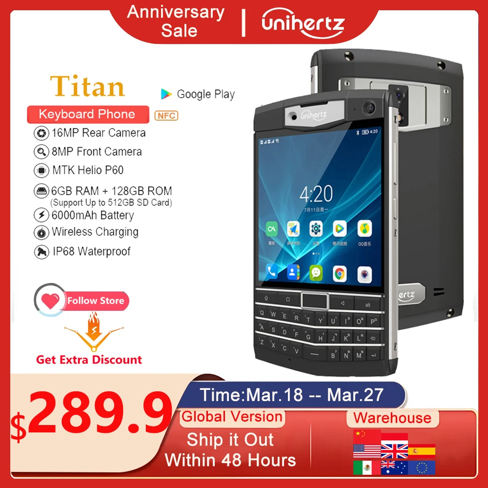 Смартфон Unihertz Titan повышенной прочности, 4G, 6 ГБ, 128 ГБ, Android 10, QWERTY, стандартная клавиатура, 6000 мАч, 8 Мп, 16 МП, сотовый телефон