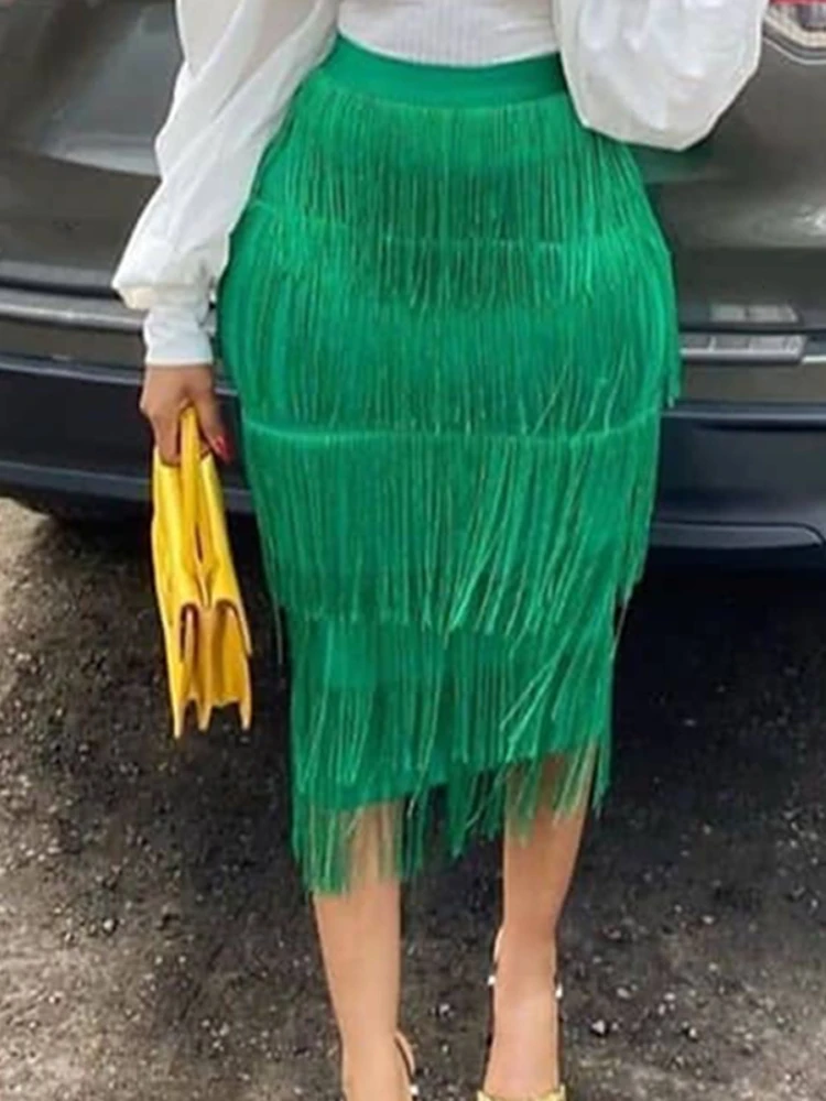 tulle skirt Green Fringe Bodycon Pencil Skirts Tassel High Waist Women Stretch Sheath Midi Length Ladies Slim Big Size white pleated skirt