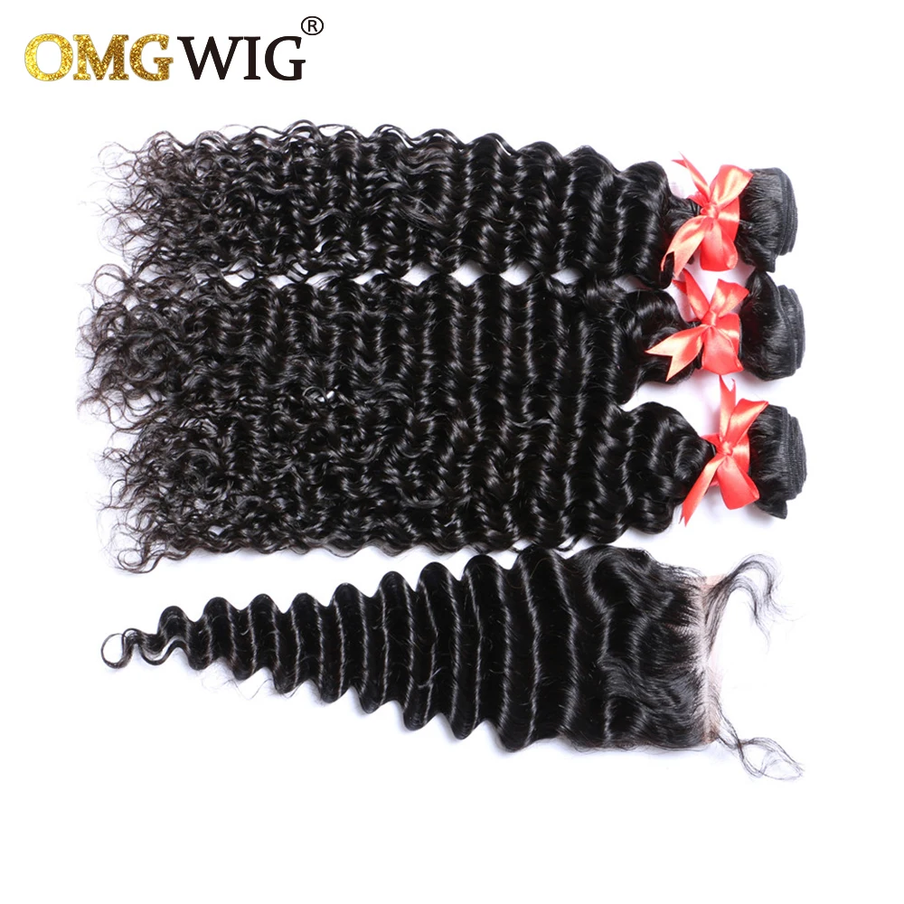 Deep Wave Natural Color Hair Bundles With 4x4 Base Closures Brazilian Human Hair Free Part Bleached Knots Transparent Lace
