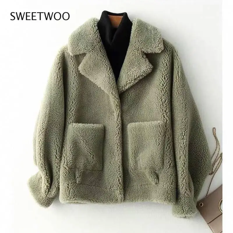 Faux Real Fur Coat High Quality Australian Womens Wool Coats Thick Warm Elegant Loose Large Size Short Outwear Winter Coat Women