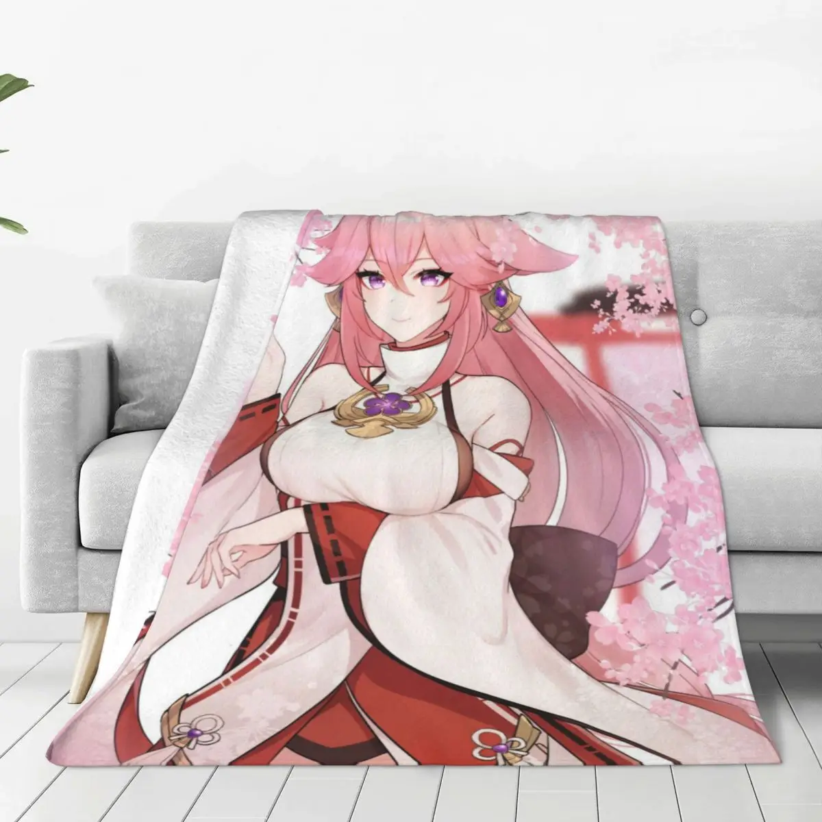 

Genshin Impact Kawaii Girl Knitted Blankets Fleece Yae Miko Anime Soft Throw Blankets for Car Sofa Couch Bedroom Quilt