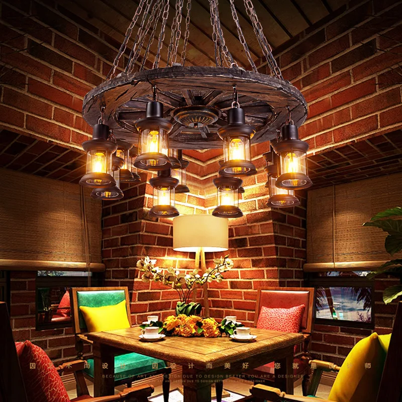 American Lustre Vintage Wood Chandelier Lamps Lighting Creative LOFT Luminaire Ceilling Pendant Lights for Bar Restaurant Drop