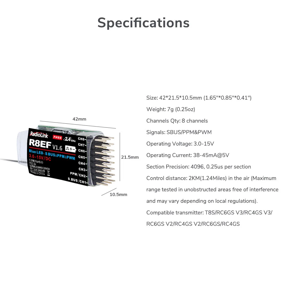 Récepteur Radiolink R8EF 8 canaux 2.4GHz SBUS/PPM/PWM pour RC