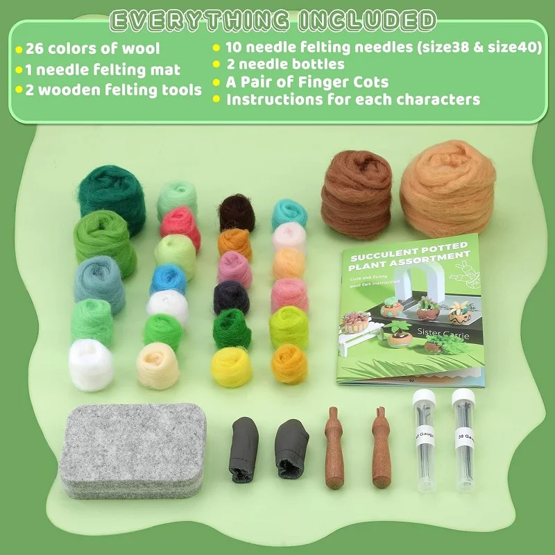 KRABALL Succulent Needle Felting Set With Wool Roving Felting Pad And Instruction For Beginner DIY Handmade Craft Tools Kit