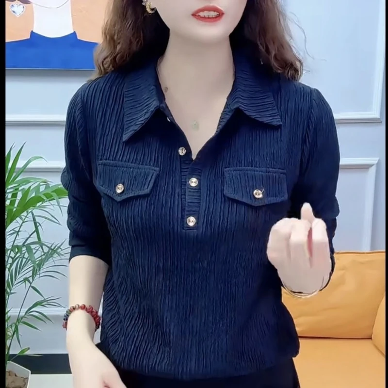 

Женский однотонный пуловер с длинными рукавами, приталенный Универсальный минималистичный пуловер с воротником-поло и карманами на пуговицах, 2024