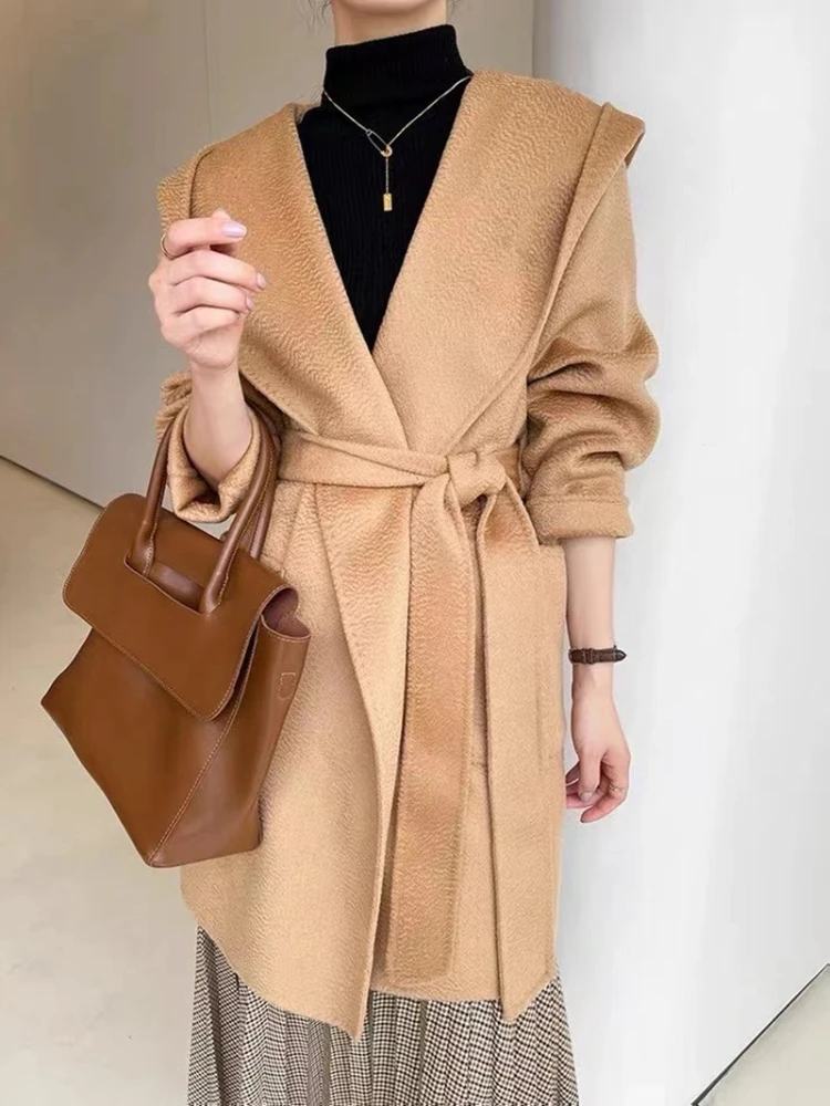 High-end Hooded Cashmere Coat Women Autumn Long Loose Camel Coat Short Water Ripple Lace-up Fashion Casual Jacket Female Winter