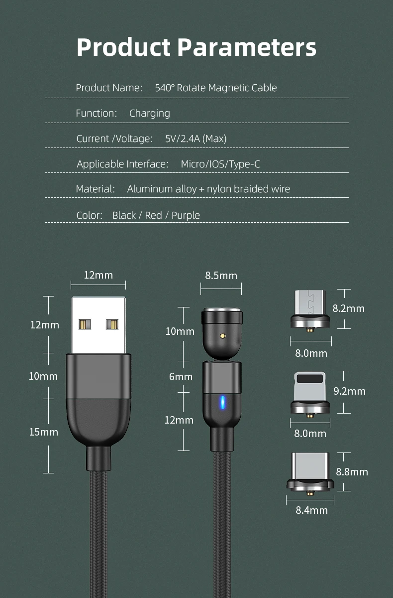 AUFU 540 Drehen Magnetisches Typ C Kabel 3 in 1 Schnellladekabel Für iPhone Xiaomi Samsung Huawei Micro USB Magnet Ladekabel – Detail 12
