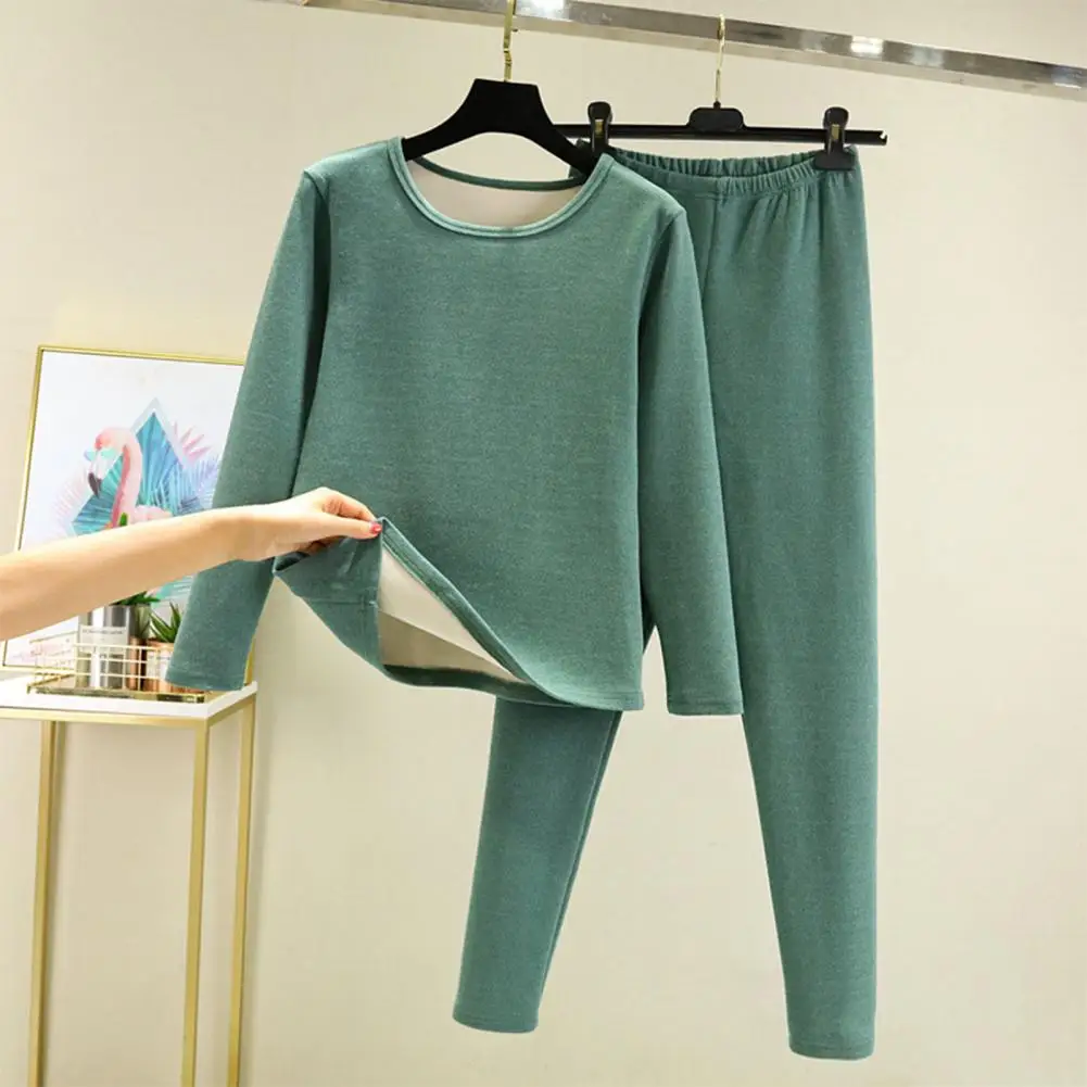 Top Pants Set 2 Pcs/Set Thick Plush Round Neck Long Sleeve Thermal Underwear Set Elastic Waist Cold-proof Homewear Pajamas,thermal underwear sets