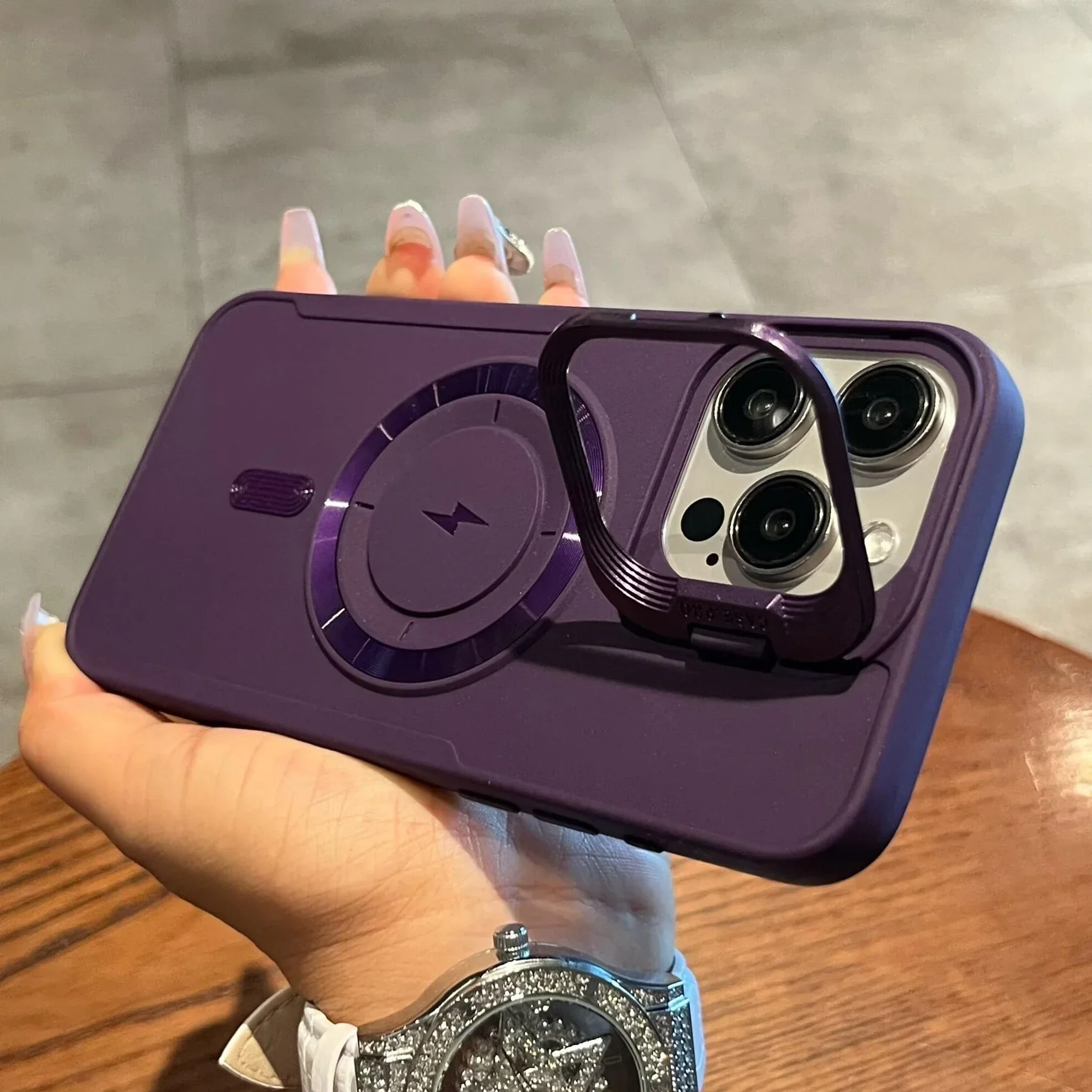 Luxury Flip-Up Lens Holder Magnetic Case with Magsafe Charging - Premium Silicone Soft Cover