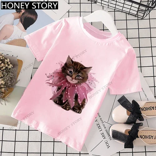 thumbnail image 1 of Cartoon Cats Kid Pink T Shirt Cartoon Cat Print Western Style T-shirt Short Sleeve for Boys and Girls Stranger Things Clothes, 1 of 5