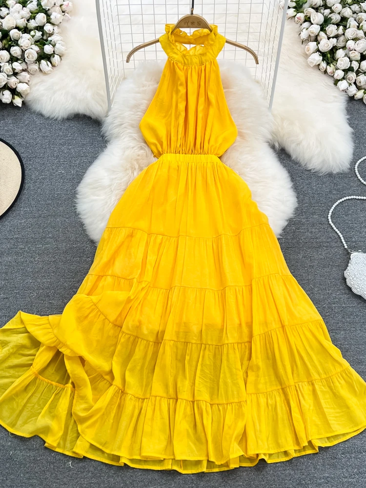 

Женское желтое пляжное платье, летние Сексуальные облегающие платья трапециевидной формы с лямкой на шее и открытой спиной, женское элегантное однотонное длинное платье