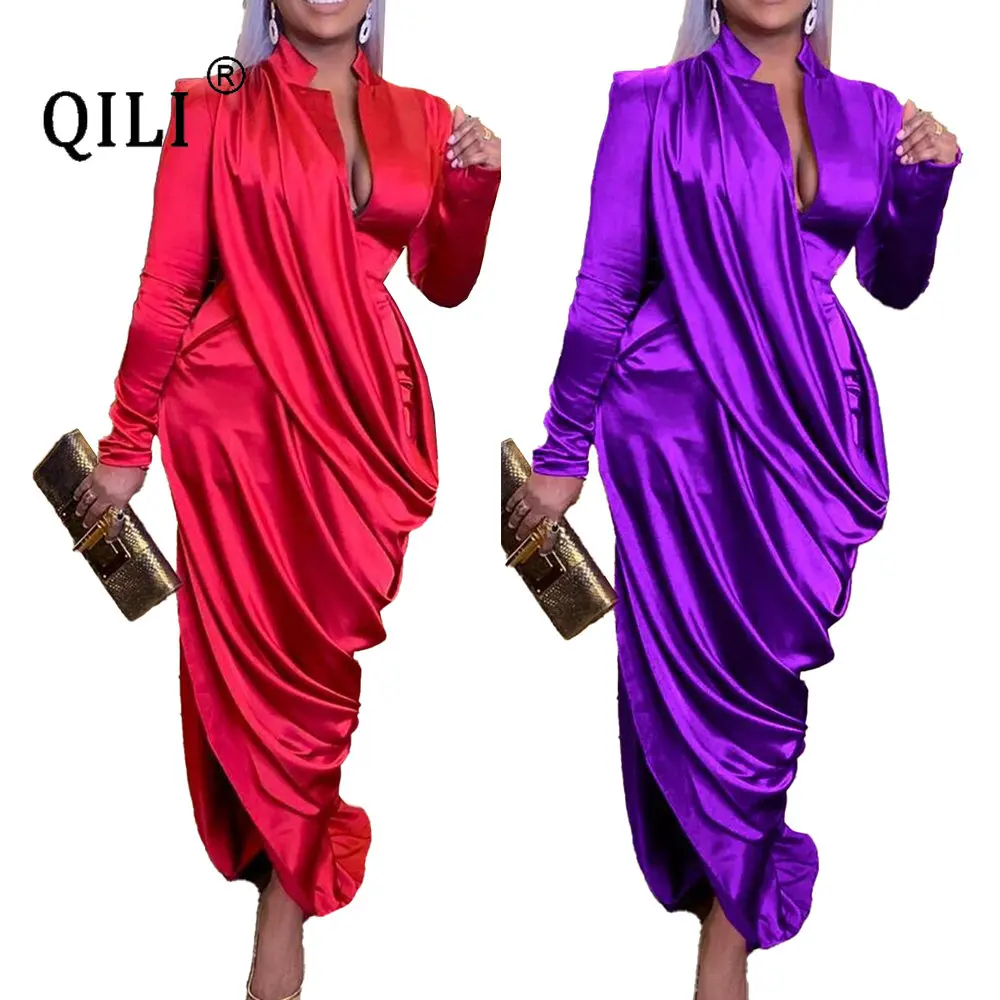 

QILI-Retro Reflective Satin Dress, Red and Purple, National Characteristics, Ladies' Robe, L-3XL