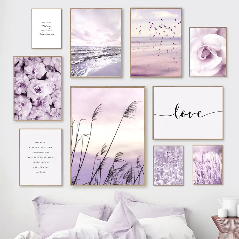 

Purple Sea Beach Seagull Wall Art Canvas Painting Nordic Reed Rose Peony Posters And Prints Flower Picture For Living Room Decor