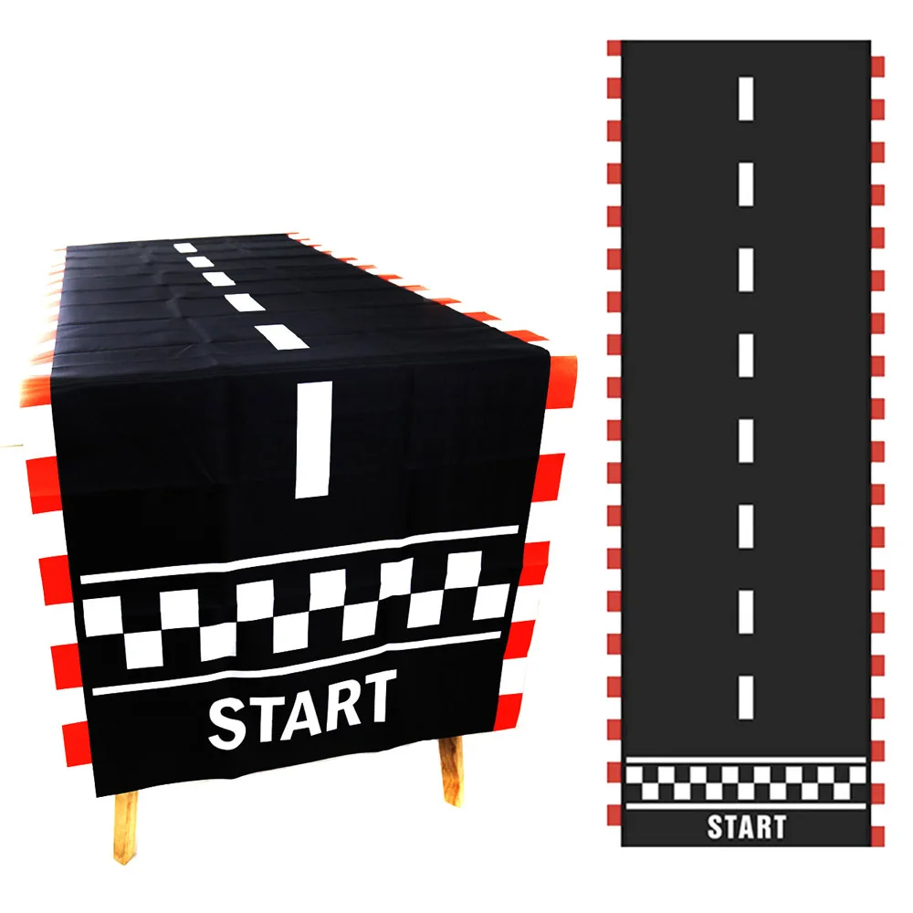 Racing Car Party Racetrack Floor Ground Table Runner Black Race Track Running Mat Kids Birthday Racing Car Party Decorations