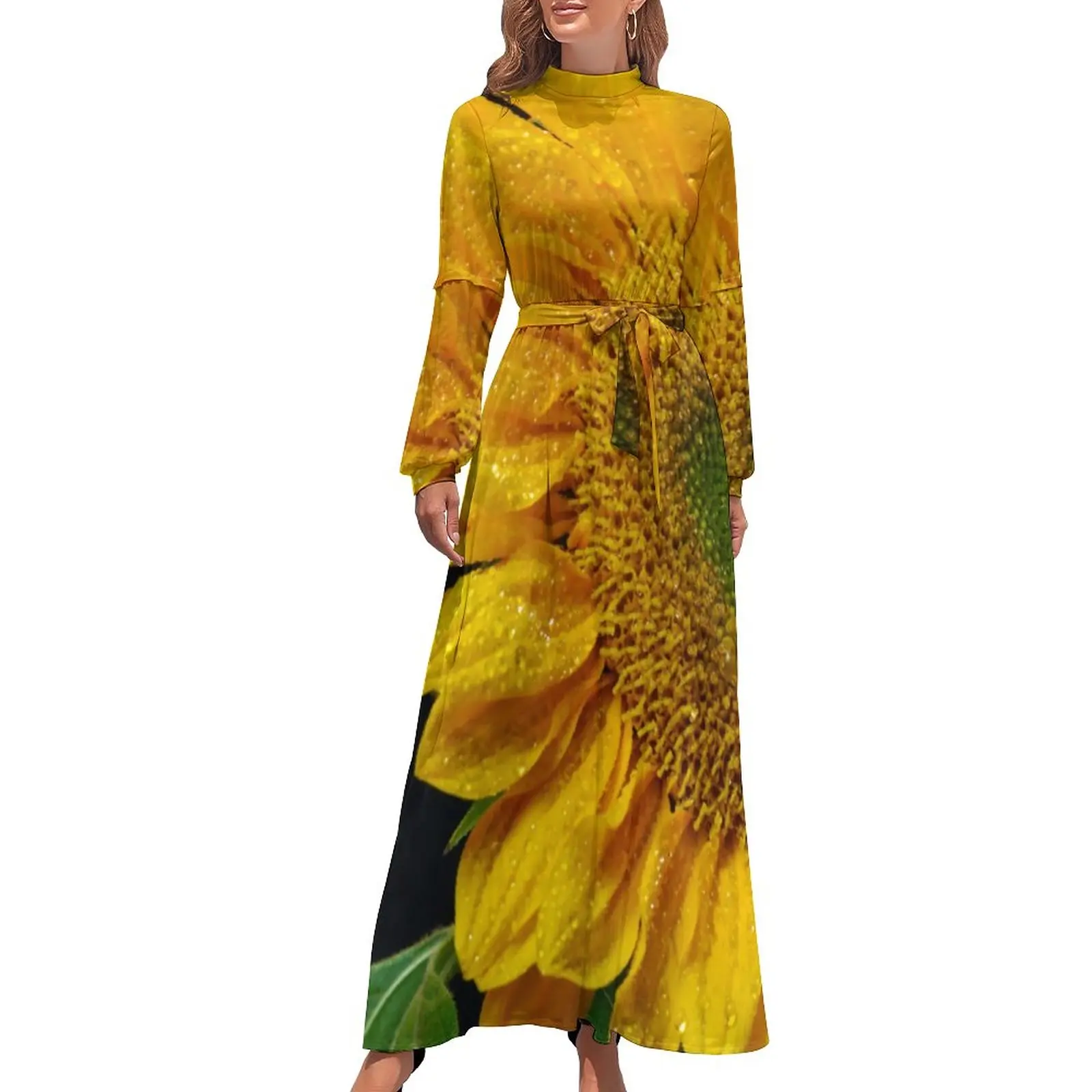 

Large Yellow Flower Dress Long Sleeve Blossom Sunflower Sexy Maxi Dress High Waist Street Wear Graphic Bohemia Long Dresses