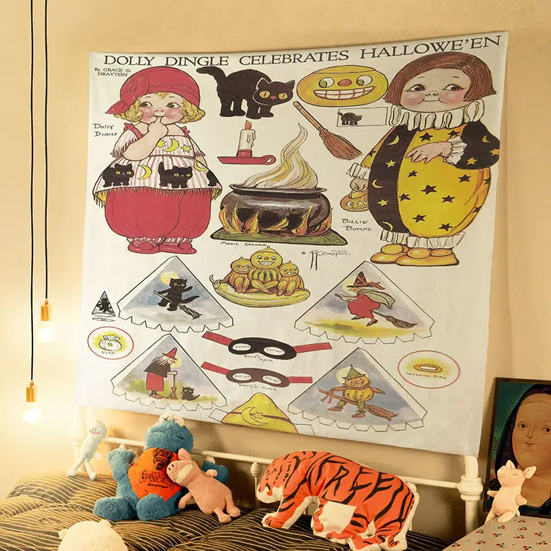 

Ins Korean Cute Retro Doll Pattern Hanging Cloth Fabric Art Photo Props Bedside Room Coffee Shop Wall Tapestry Home Decoration