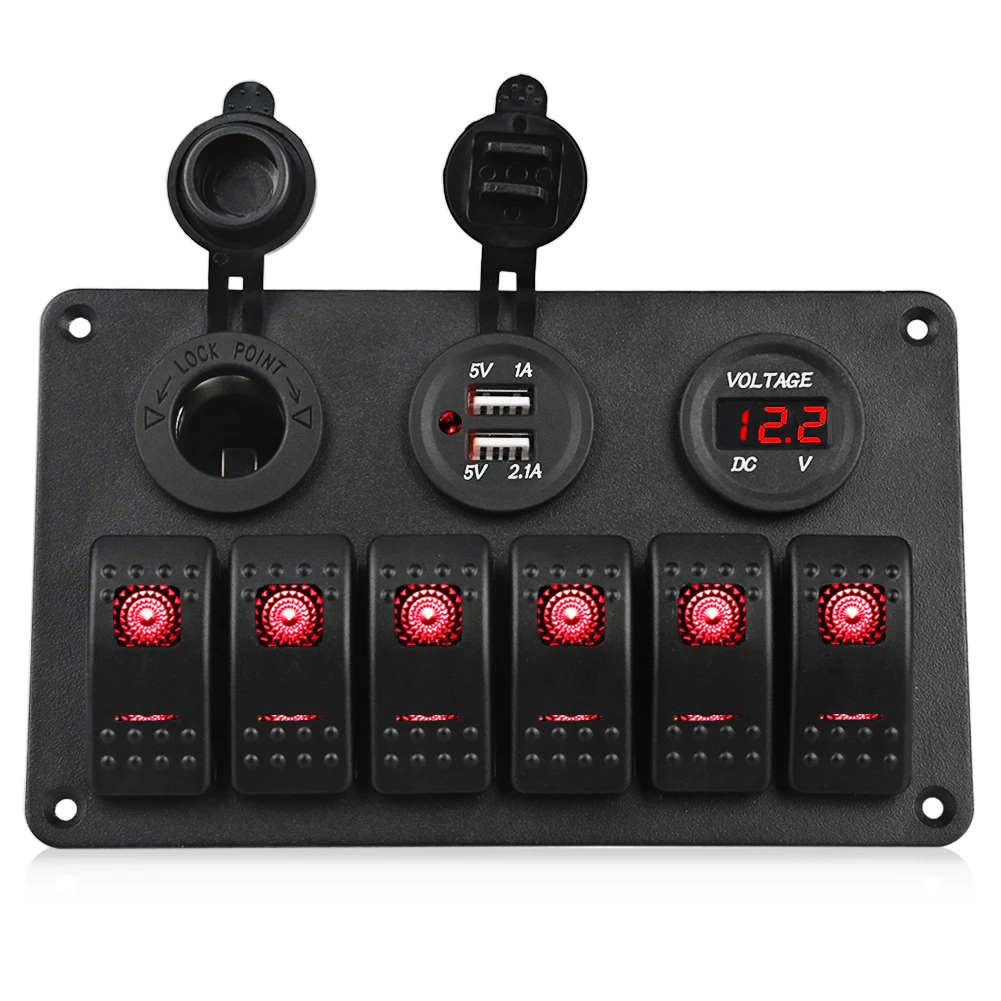 

6 Gang Rocker Switch Panel with LED Digital Voltmeter 3.1A Dual USB Charger Cigarette Lighter Socket for Vehicle Truck Trailer