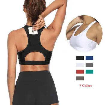 Women Workout Tank Top Gym Stretch Phone Pocket Hollow Yoga Sports Running Bra Padded Fitness Sport Bra Top Push Up Bra 2021 1