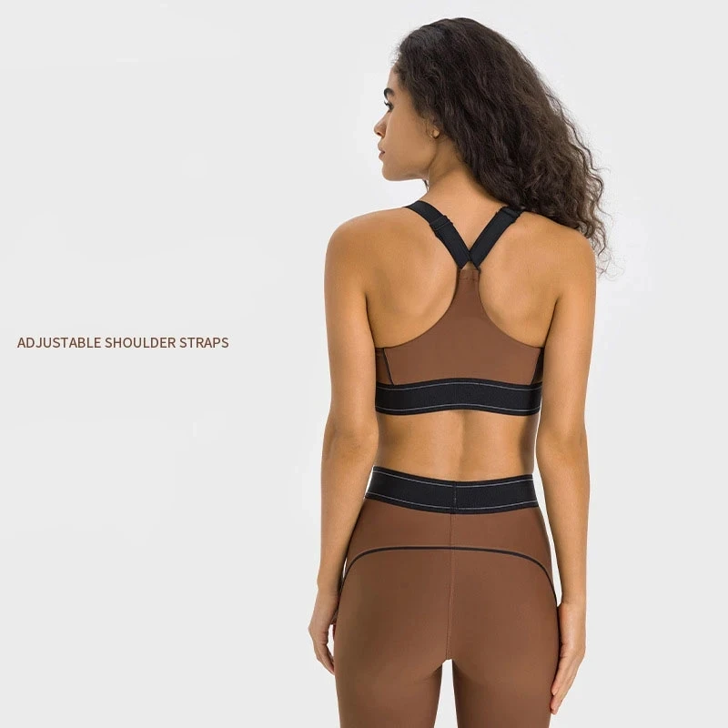 Contrasterende kleur gepersonaliseerde sportbeha met hoge sterkte en verstelbare schouderband Fiess hardloop-yogabeha Fiess broekset_voghion.com
