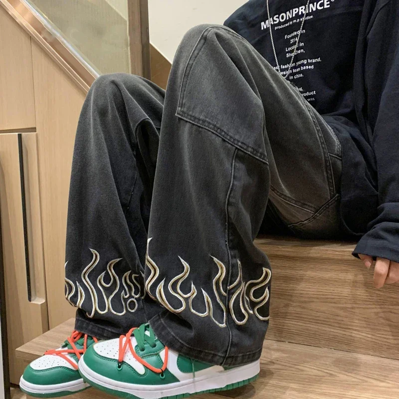 2024 Flame Embroidered Men's Off Duty Loose Wide Leg Jeans Straight Wide Leg Personalized Youth Casual Denim Trousers Men's 3
