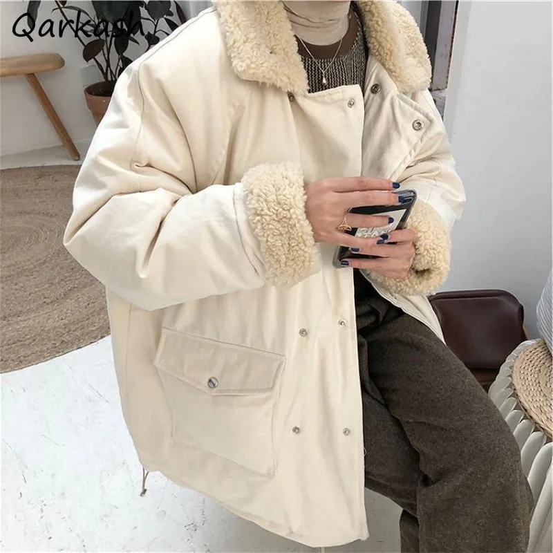 

Parkas Women Lambswool Lining Thicken Midi Solid Simple INS Students Korean-style Winter Warm Trendy Leisure Loose All-match