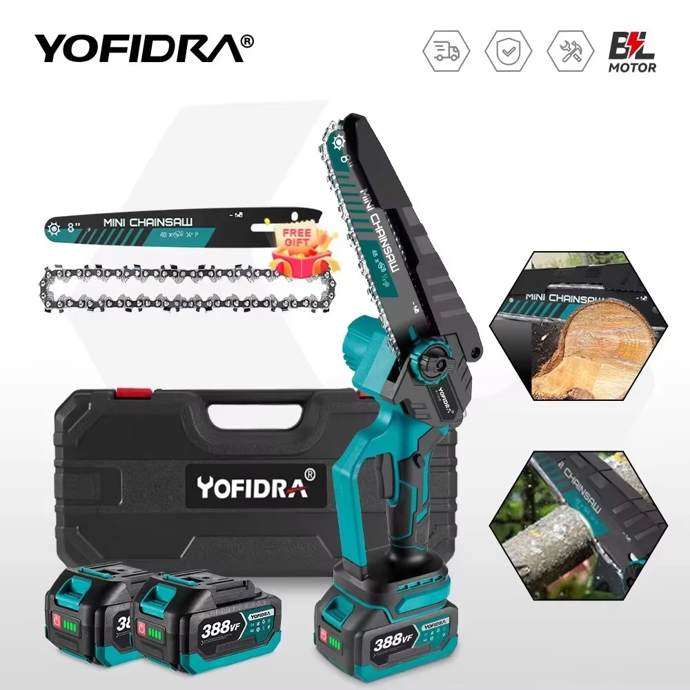 YOFIDRA 8 Inch Brushless Electric Chainsaw Cordless Rechargeable Woodworking Garden Pruning Saw Tool For Makita 18V Battery Pin