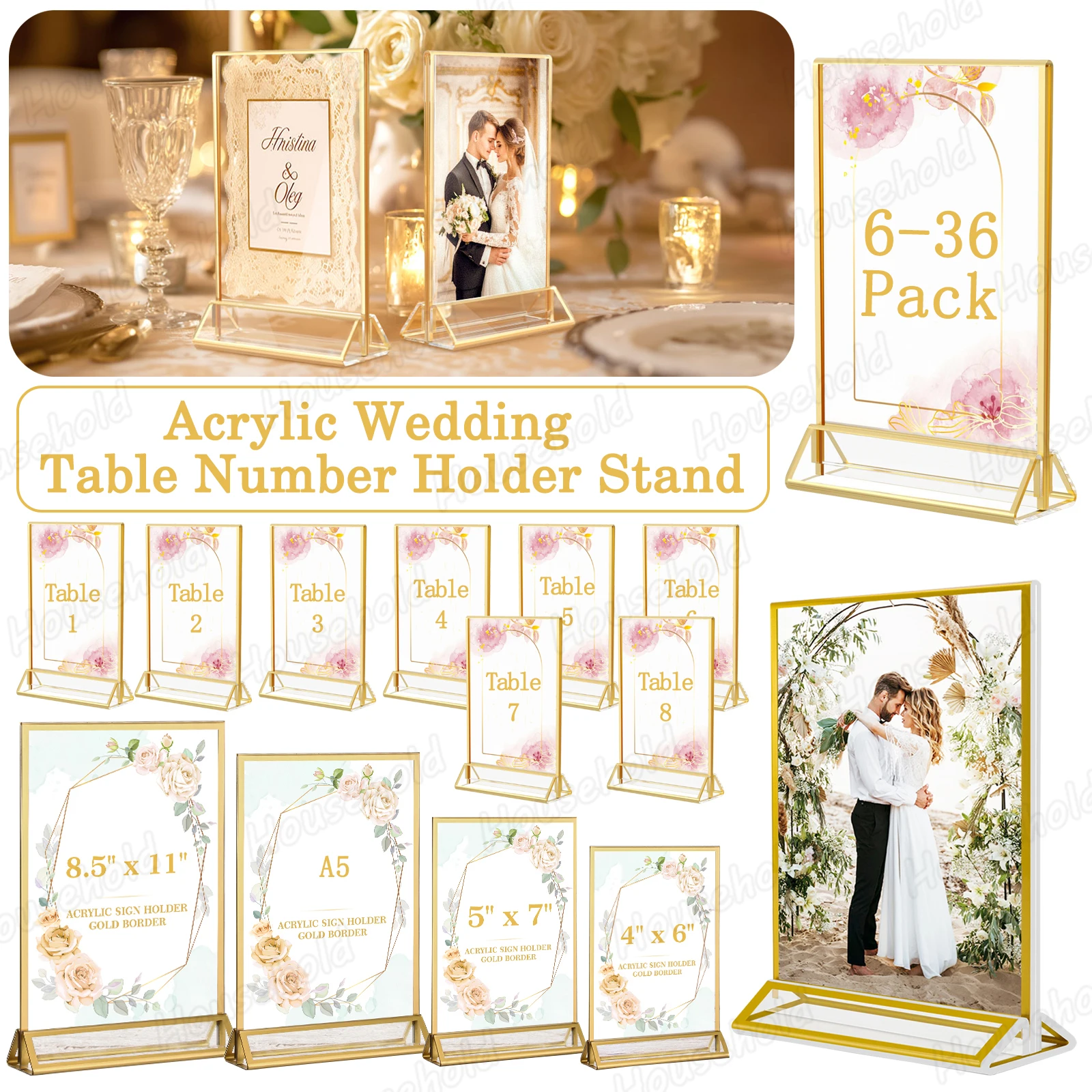 6-36 Transparent Acrylic Sign Holders Gold Picture Frames Double-sided Display Stand Wedding Number Plate Table Flyer Menu Card Rack