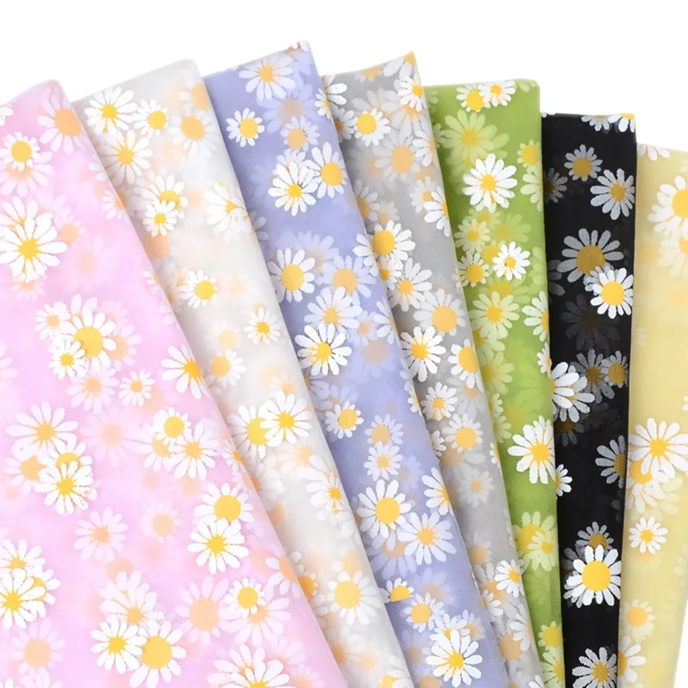 Chainho,Polyester Mesh Gauze Fabric,DIY Sewing Material,Suitable For Wedding Dresses, Curtains,Mosquito Nets,Daisy Pattern,WS3