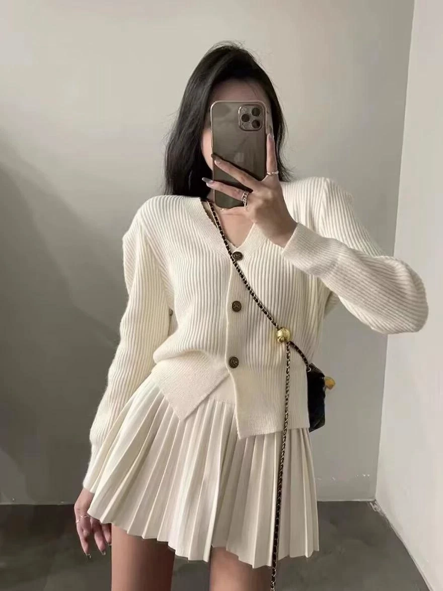Casual Knitted 2 Piece Set Single Breasted V-neck Top + High Waist Mini Pleated Skirt Autumn Spring Korean Fashion Solid Outfits