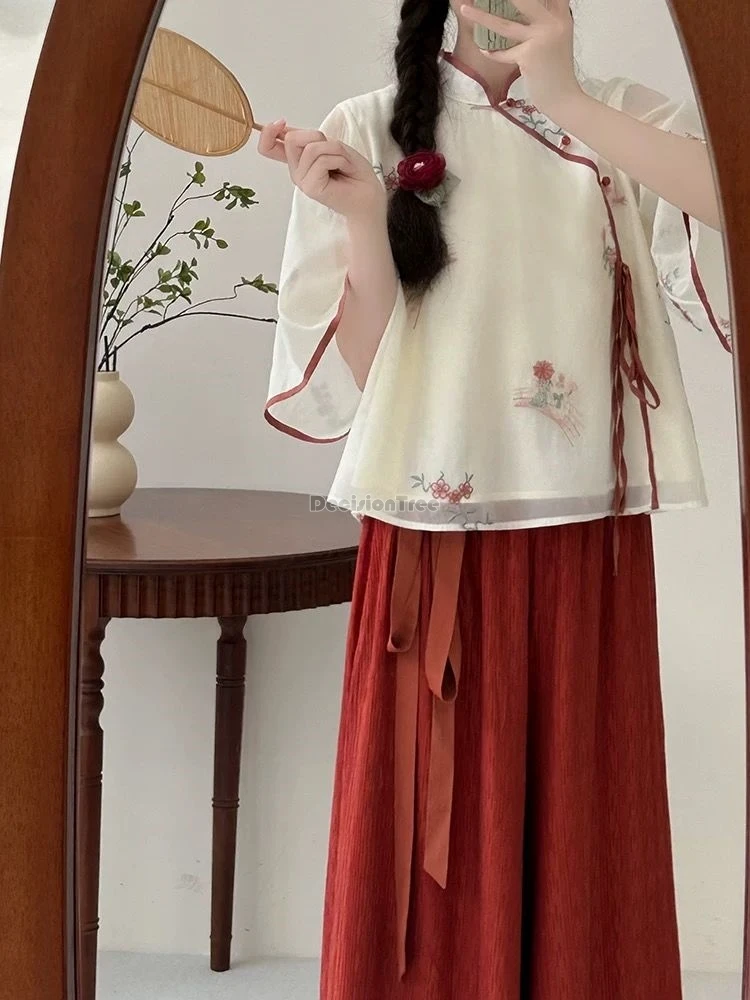 autumn new chinese retro national style fairy elegant stand collar half sleeve blouse top wide-leg pants tang suit set b261