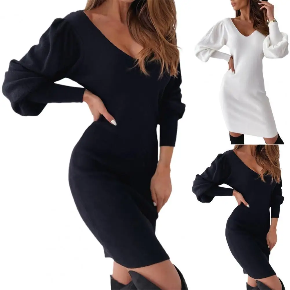 Women White Dress Spring And Autumn Costume Party Dress Ladies Warm Black Open Back Lace Lantern Sleeve V Neck Sweater Spring