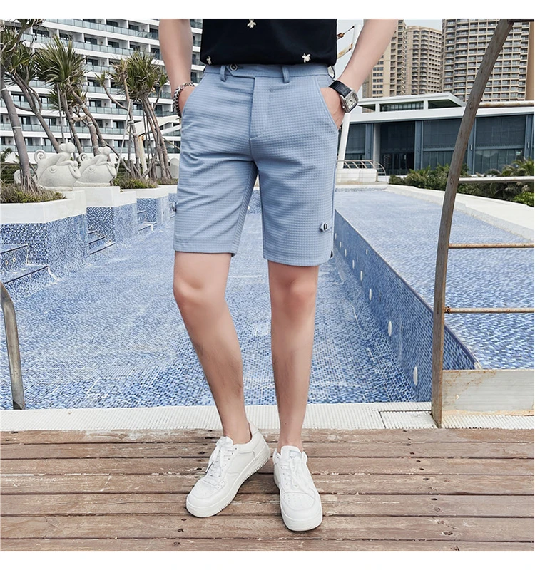 Men Summer Shorts Casual Waffle Korean Plaid Shorts Fashion