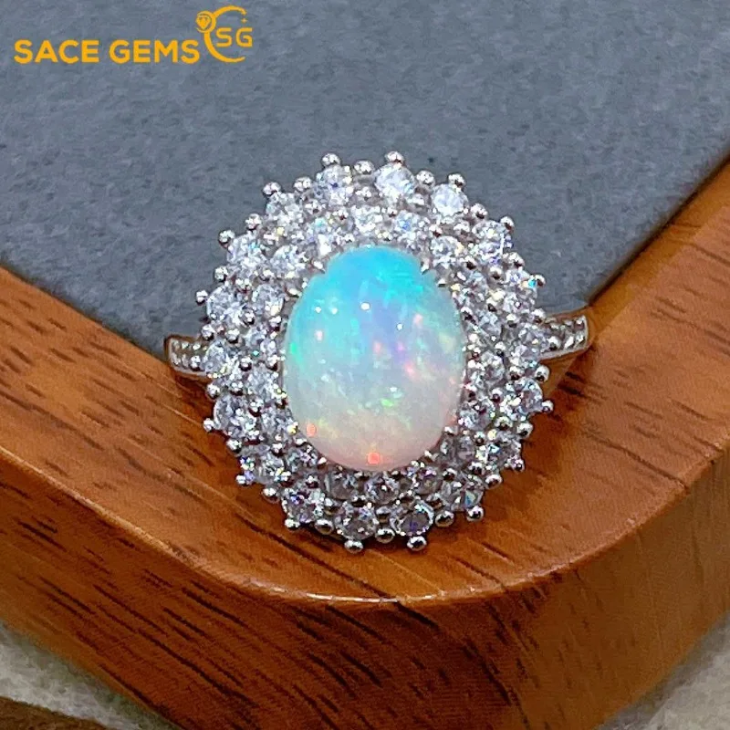 

SACE GEMS Fashion 925 Sterling Silver 8*10mm Natural Opal Luxury Rings for Women Created Wedding Engagement Party Fine Jewelry