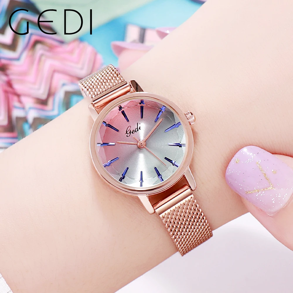 

GEDI Fashion Women's Quartz Watches Luxury Milanese Steel Strap Waterproof Colorful Ladies Wristwatches Casual Dress Woman Clock