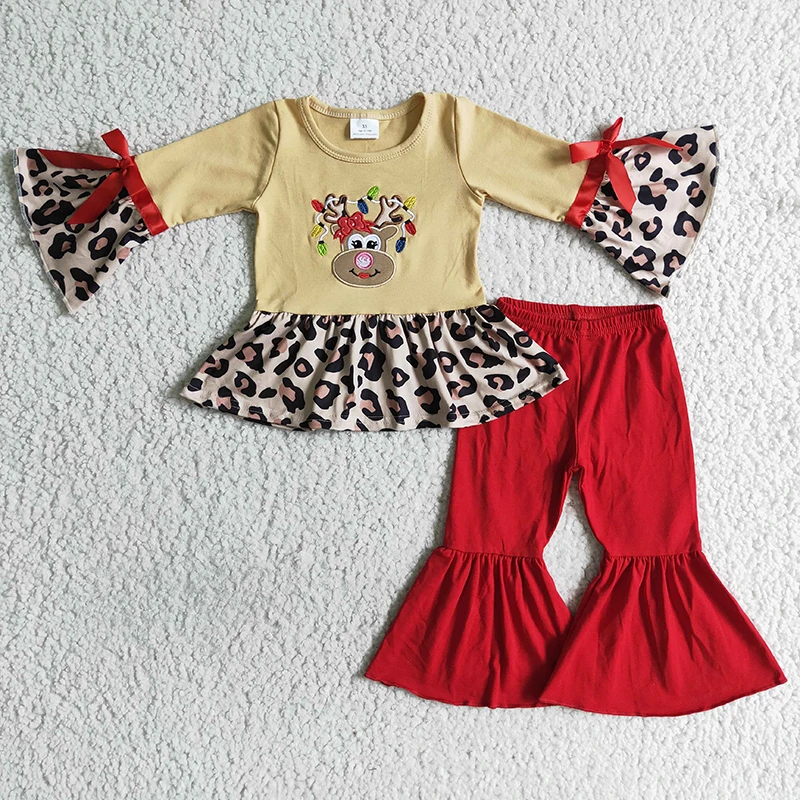 

Wholesale Baby Girl Christmas Reindeer Embroidery Clothing Leopard Long Sleeve Red Cotton Bell Pants Set Infant Kid New Clothes
