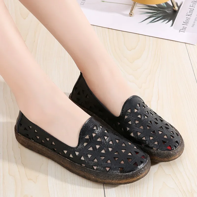 Summer Women Casual Shoes Leather Soft Loafers Female Ballet Flats Sneakers Cut Out Slip On Moccasins Breathable Ladies Footwear 2