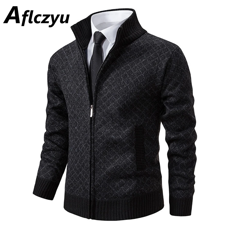 Knitted Jacket Men Vintage Plaid Jacket Coat Male Fashion Causal Stand Collar Jackets Knitted Coats