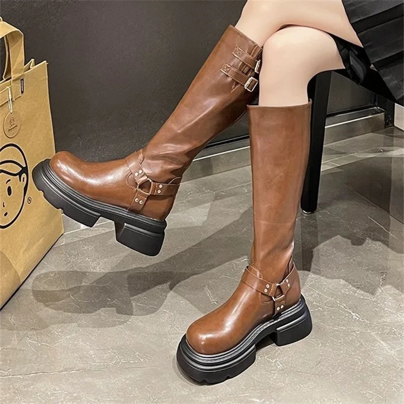 Shoes for Women 2023 Basic Platform Women's Boots Back Zip Knee-High Boots Women Belt Buckle Round Toe Square Heel Shoes Female