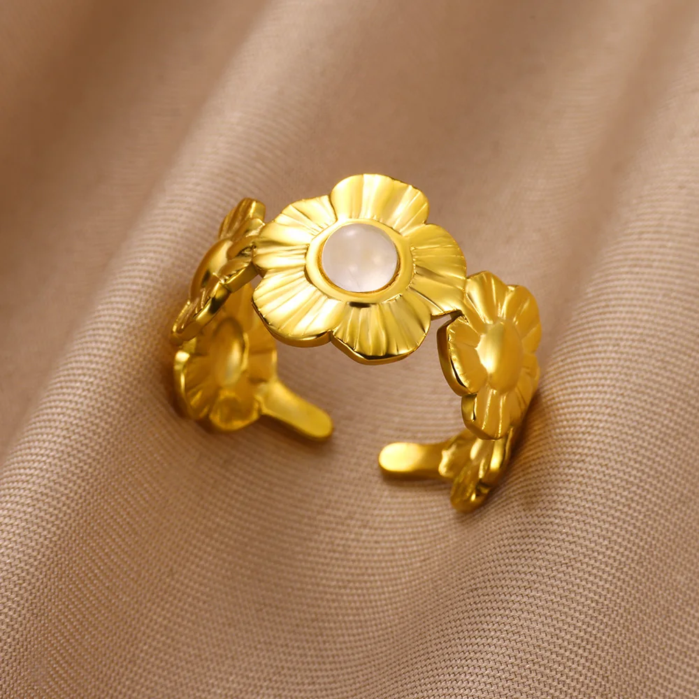 Green Zircon Flower Stainless Steel Rings for Women