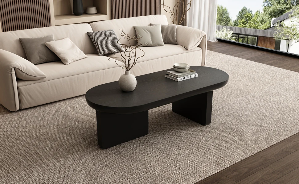 Moderner ovaler Couchtisch(119,7x49,8x35,5 cm)aus MDF in Schwarz–minimalistisch,sprühlackiert,ideal als Sofa-oder Beistelltisch – Detail 2
