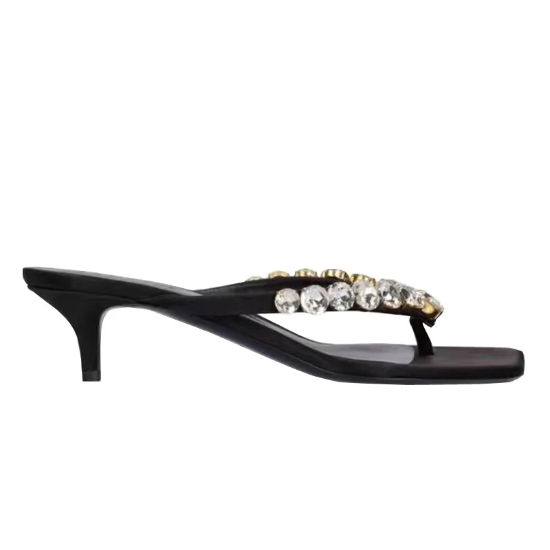 Pinch Toe High Heel Slippers for Women's Diamond Herringbone Slippers with Thin Heels and Square Toe Sandals for External Wear