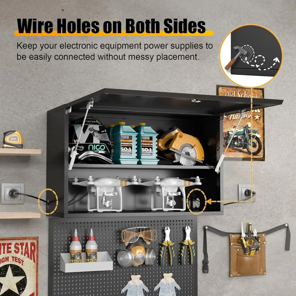 Metal Wall Storage Cabinet w Flip-Up Door Adjustable Shelf Metal Cabinet Hanging Garage Upper Cabinets Floating Lockable Steel 4