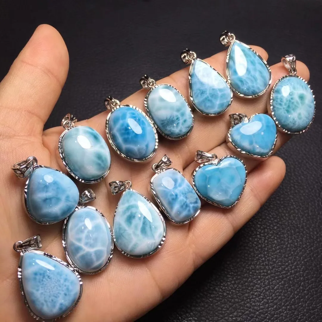 

1 Pc Fengbaowu Natural Stone Larimar Oval Water Drop Pendant High Quality 925 Sterling Silver Fashion Jewelry Gift For Women