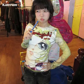 Karrram Japanese Y2k Anime Print T-shirt 2000s Aesthetics Long Sleeve Tee Shirt Vintage Harajuku Slim Tops Kawaii Lolita T Shirt 1