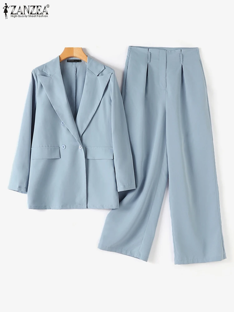 ZANZEA 2PCS Elegant Lapel Neck Long Sleeve Blazer Suits Fashion Autumn Outifit Women OL Work Tracksuit Solid Wide Leg Pants Sets 5
