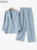ZANZEA 2PCS Elegant Lapel Neck Long Sleeve Blazer Suits Fashion Autumn Outifit Women OL Work Tracksuit Solid Wide Leg Pants Sets 5